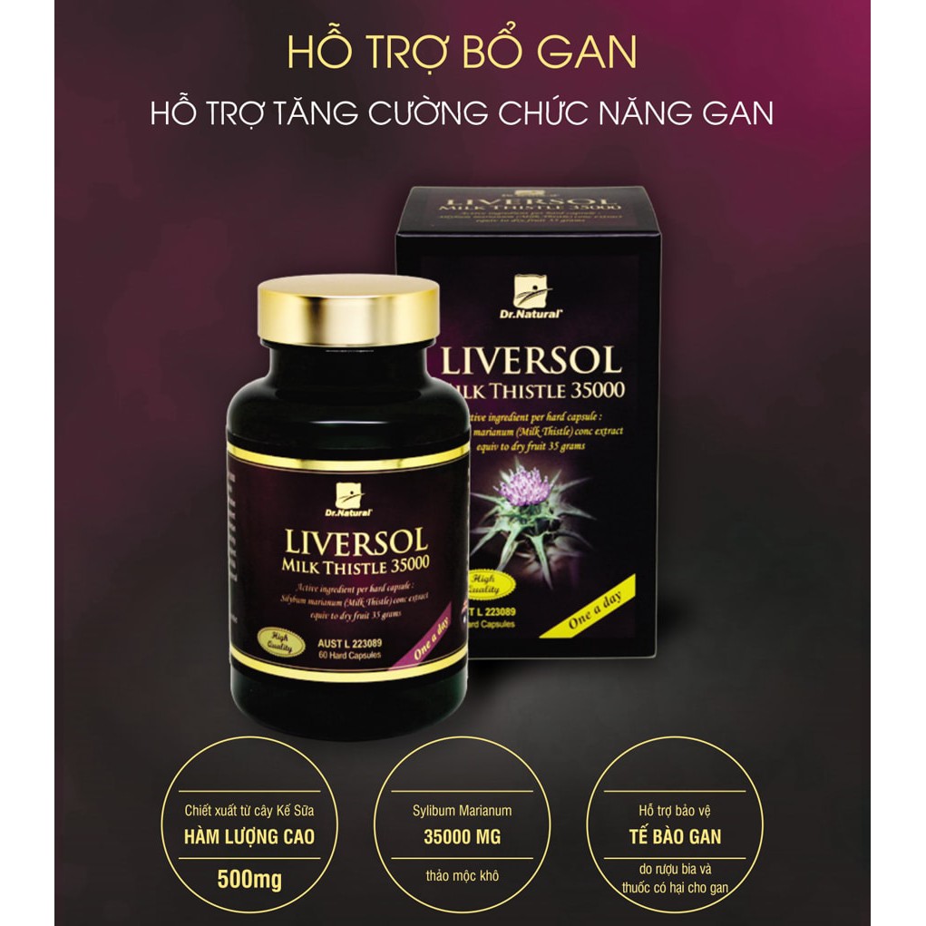 Viên uống bổ gan Dr.Natural LiverSol Milk Thistle Tăng cường chức năng gan mát gan giải độc hạ men gan hộp 60viên