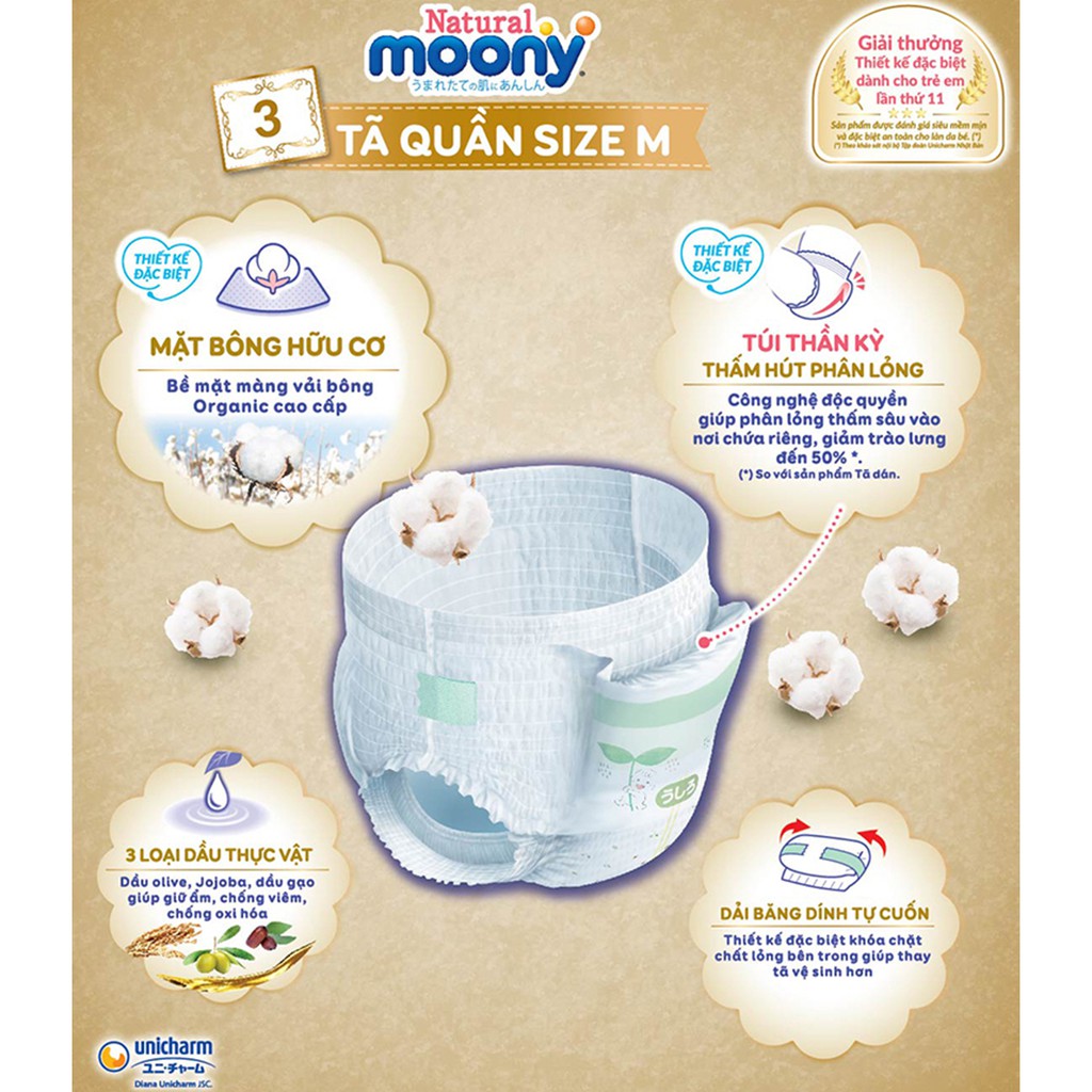 Tã Dán/Quần Moony Natural Bông Oragnic Nhập Khẩu NB63/S58/M46/L38/L36/Xl32