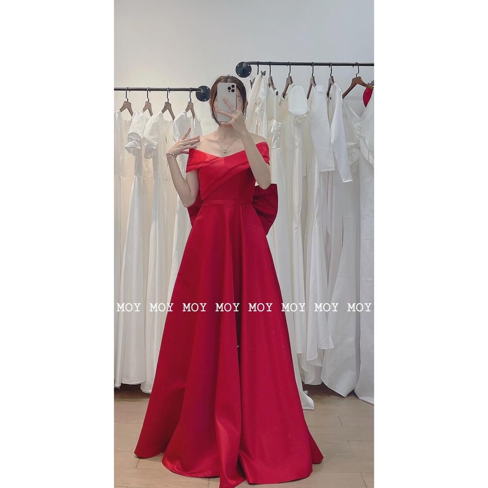 Váy bệt vai voan xòe phi nơ đan lưng - Váy đi bàn đơn giản-H318