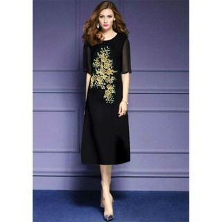 ĐẦM QUẢNG CHÂU THIẾT KẾ THÊU HOA TAY LỞ PHỐI LƯỚI CAO CẤP