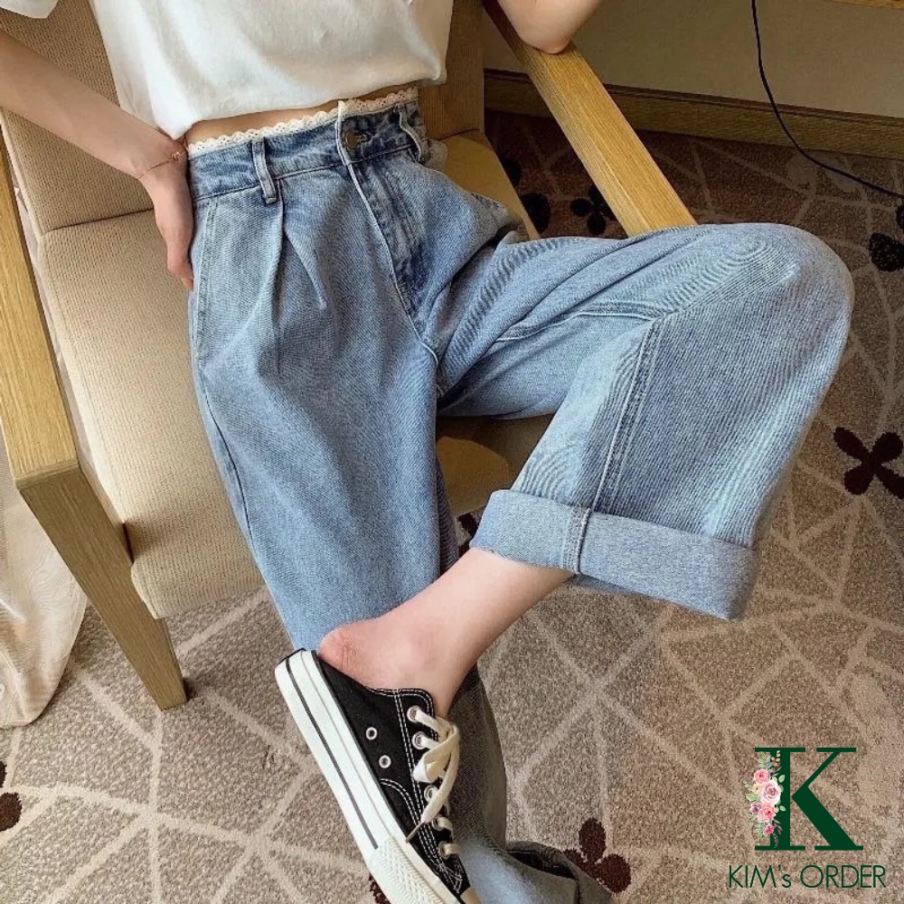 Quần jean nữ ống đứng suông màu xanh cạp ren lưng cao phong cách Ulzzang Hàn Quốc tiểu thư đi học đi làm chất đẹp loại 1