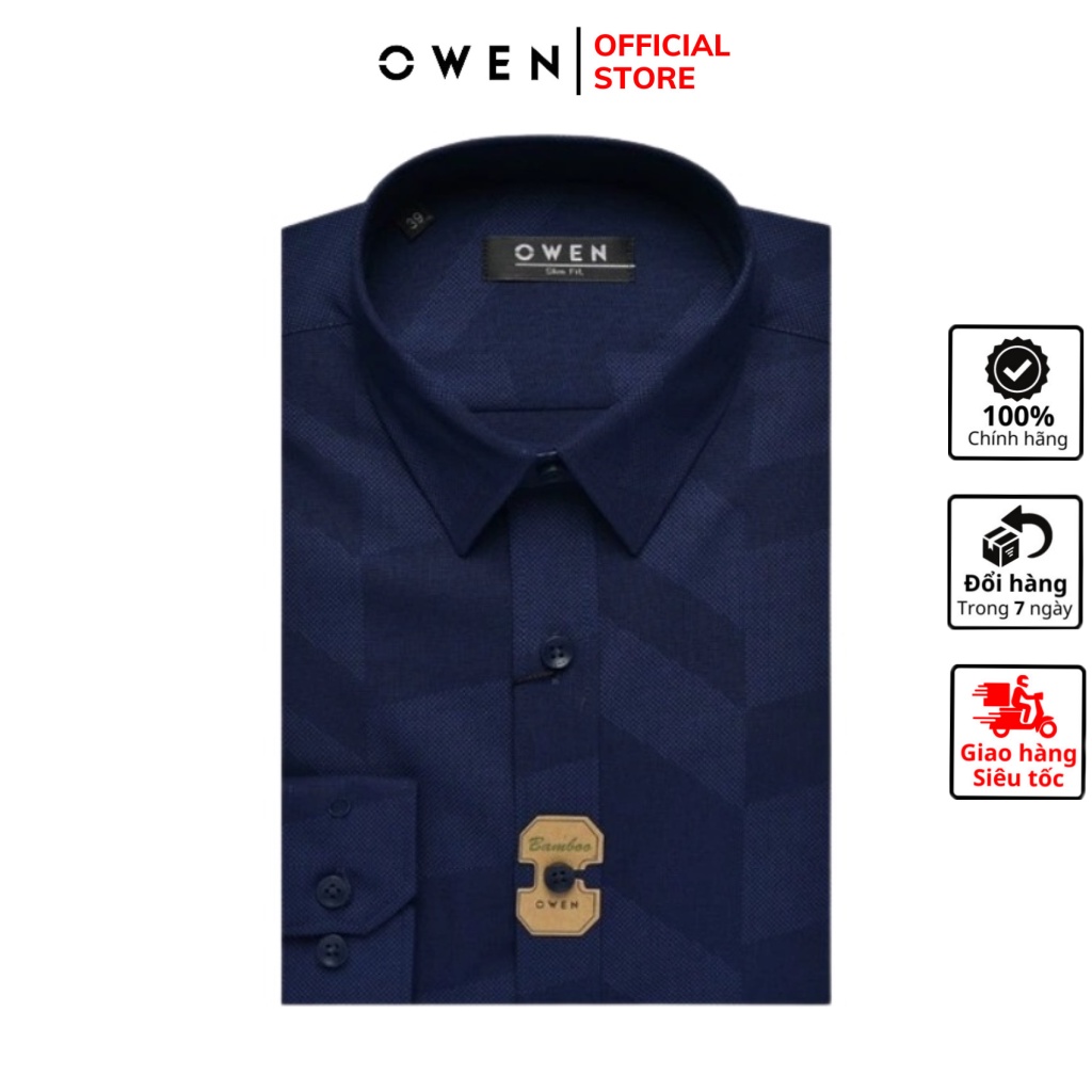 Áo sơ mi nam dài tay OWEN AS23373D somi công sở vải sợi tre cao cấp màu xanh cô ban đậm dáng ôm tà lượn không túi