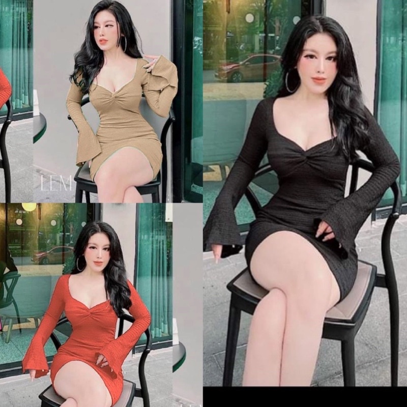 Đầm ôm body chất thun gân có mút ngực tay loe xẻ
