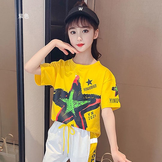 Bộ Đồ Thể Thao 2 Món Áo Thun Tay Ngắn Thời Trang Mùa Hè Cho Bé Gái Từ 3-4 - 5-6 - 7-8 - 9-10 - 11-12 - 13-14 - Năm Quần Thể Thao Trẻ Em Áo Thun S