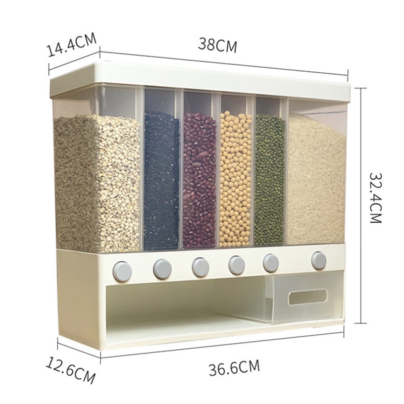 Hộp Đựng Gạo / Ngũ Cốc 6 Ngăn Bằng Nhựa Gắn Tường 10KG