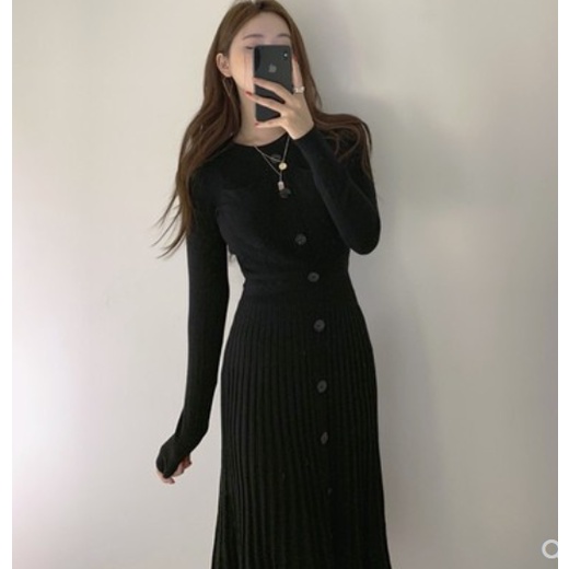 Váy len dệt kim xếp ly dài tay nữ dáng dài phong cách Hàn Quốc 2021(ORDER) | BigBuy360 - bigbuy360.vn