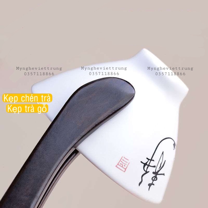 Kẹp gắp chén trà gỗ hoạ tiết đẹp-Kẹp bằng đồng cán gỗ cao cấp