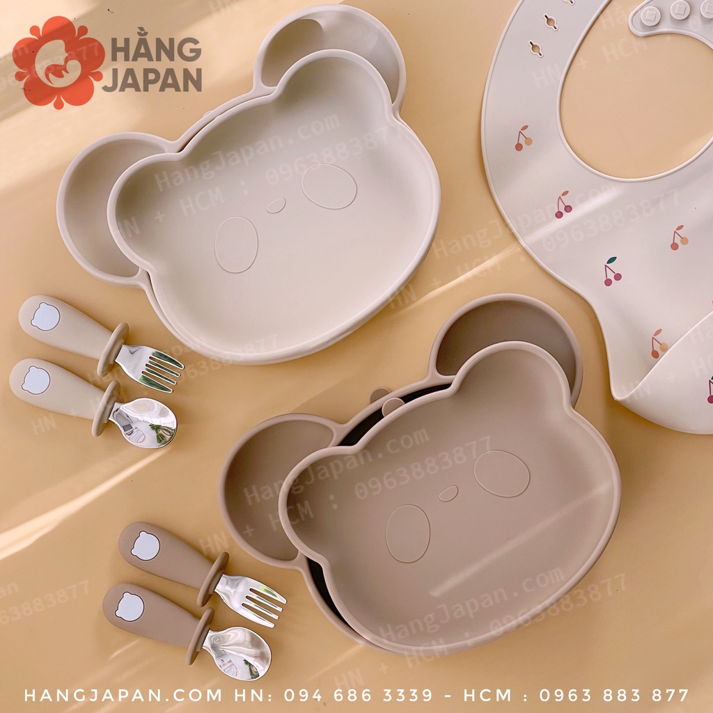 Khay, đĩa, thìa nĩa ăn dặm Bar Rot silicon mini hình gấu có đế hít chống trượt chất liệu siêu bền đẹp cho bé