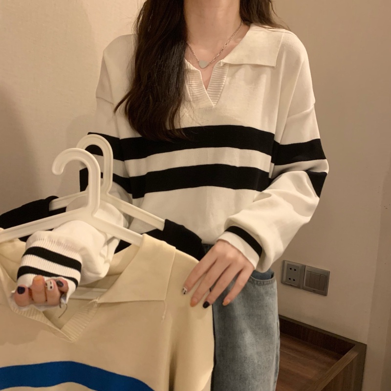 Áo Len Dài Tay 177502Áo Sweater Dáng Rộng Cổ Bẻ Kẻ Sọc Kiểu Hàn Quốc Xinh Xắn Cho Nữ