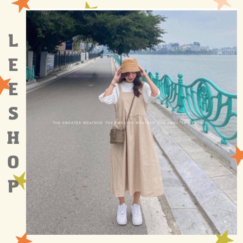 Sét Bộ Yếm Kaki Màu Be Dài Kèm Áo Thun Cotton