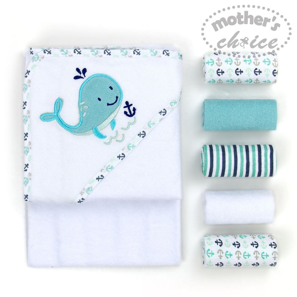 Set Khăn tắm cho bé trùm đầu (75x75cm) kèm 5 khăn mặt (23x23cm) hình cá heo xanh đáng yêu Mother's Choice IT3478