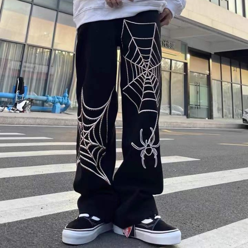 ✦ AFFLIGA ✦Quần jean ống đứng lưng cao thêu hình nhện phong cách hip hop đường phố cho nam