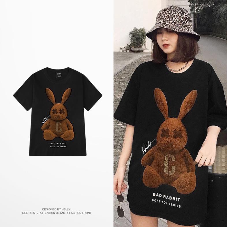 𝑭𝒓𝒆𝒆𝒔𝒉𝒊𝒑 Áo thun tay lỡ dáng Unisex form rộng phong cách Ulzzang hình BAD RABBIT màu nâu aothun268