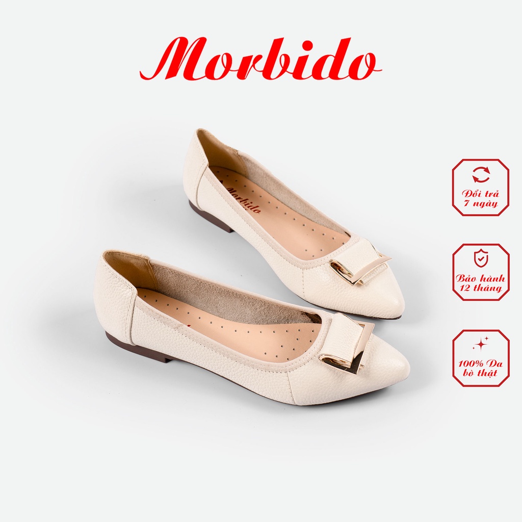 Giày Búp Bê Đế Bệt Da Bò Thật Mũi Nhọn Gắn Khóa Morbido 103