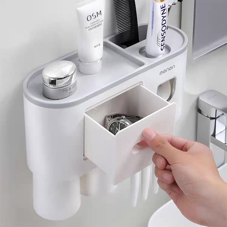 Kệ treo bàn chải nhà tắm nhả kem đánh răng tự động kèm cốc và miếng dán tường