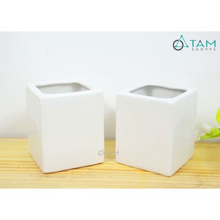 Chậu gốm trồng cây vuông trắng số 70