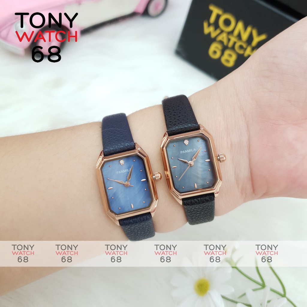 Đồng hồ nữ Panmila dây da mặt vuông mini mạ viền vàng chính hãng Tony Watch 68