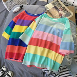 (Unbox - Ảnh thật)ÁO THUN TAY LỠ KẺ NGANG UNISEX NAM NỮ 7 SẮC CẦU VỒNG