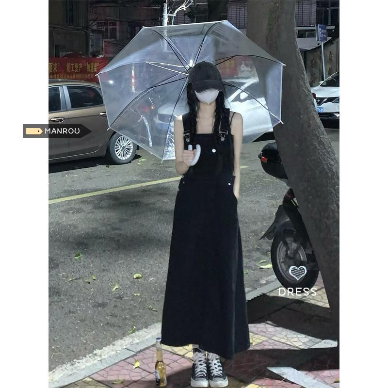 Đầm Yếm Denim Màu Đen Dáng Dài Rộng Lưng Cao Có Size Lớn Thời Trang Dành Cho Nữ