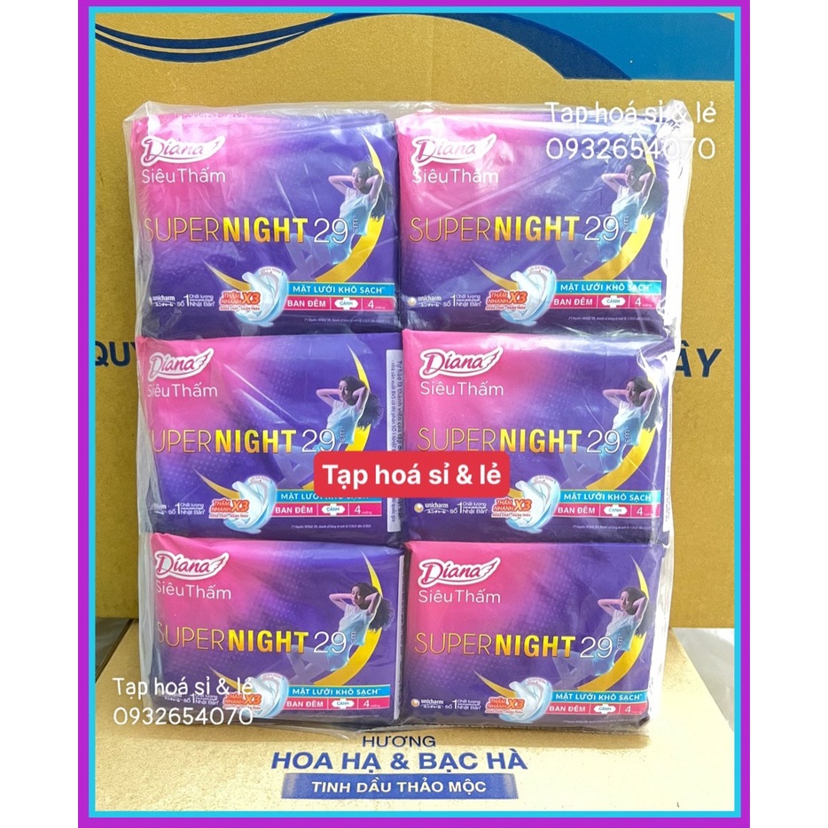 6 Gói Diana ban đêm 29cm super night siêu thấm có cánh gói 4 miếng 29cm
