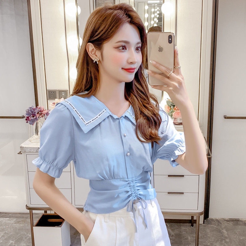 Áo Sơ Mi Tay Ngắn Thời Trang Cá Tính 154785 Áo Cardigan Cổ Búp Bê Dáng Ôm Ngắn Phối Dây Rút Thiết Kế Đơn Giản Cá Tính