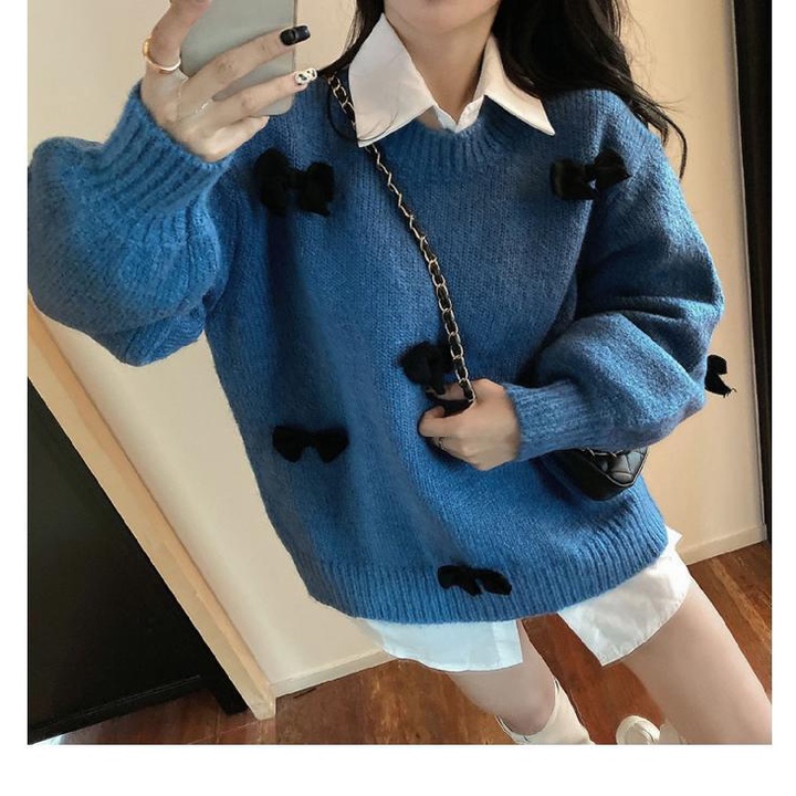 COZOK Áo sweater tay dài dáng rộng phối nơ xinh xắn thời trang