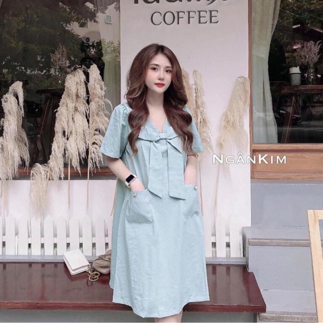 Váy suông thắt nơ 2 màu đen-xanh chất đũi xước có may túi 2 bên