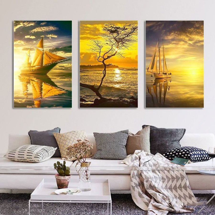 Bộ 3 tấm tranh canvas treo tường phong cảnh biển decor trang trí phòng khách, phòng ngủ tặng kèm đinh 3 chân treo tường