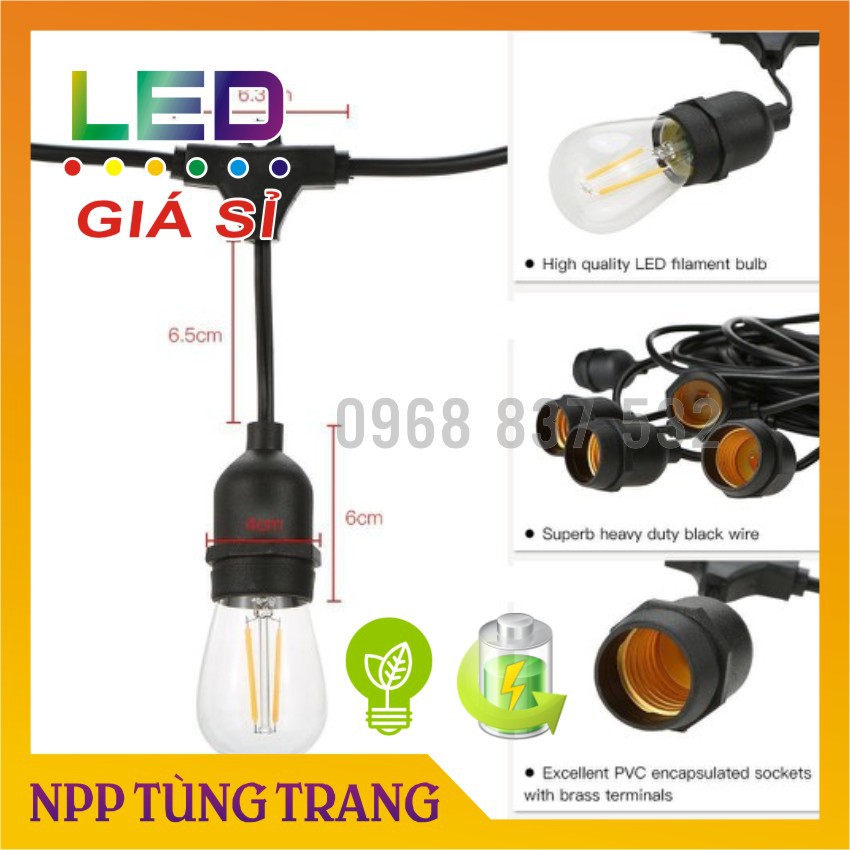 Dây đui đèn trang trí ngoài trời kèm bóng edison vintage dùng cho quán cà phê, trà sữa, nhà hàng quán ăn...