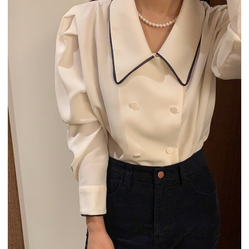 SUXI Áo sơ mi nữ tay dài phồng cổ chữ V phong cách vintage Hàn Quốc thanh lịch