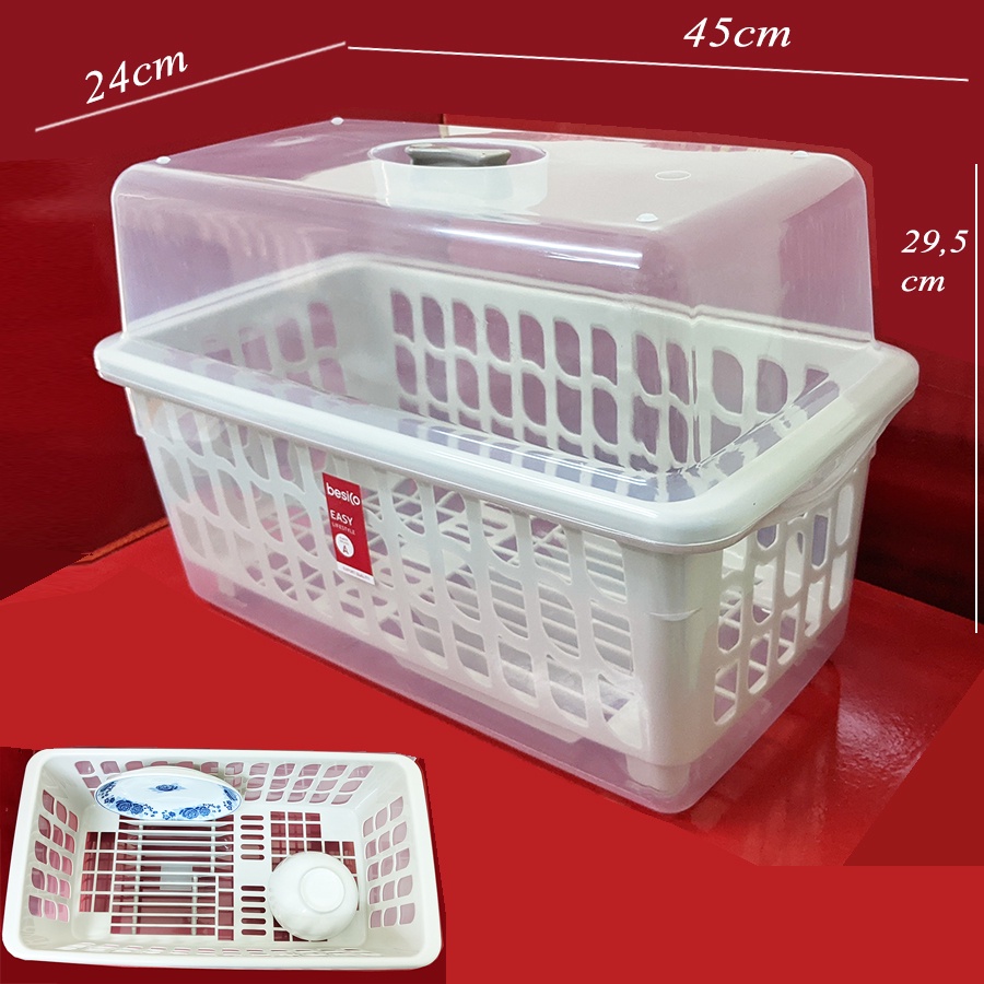 Bộ rổ giá kệ úp ly chén dĩa có nắp, kiểu thon dài gọn của Thái Lan. 45x24cm cao 29,5cm. B2401