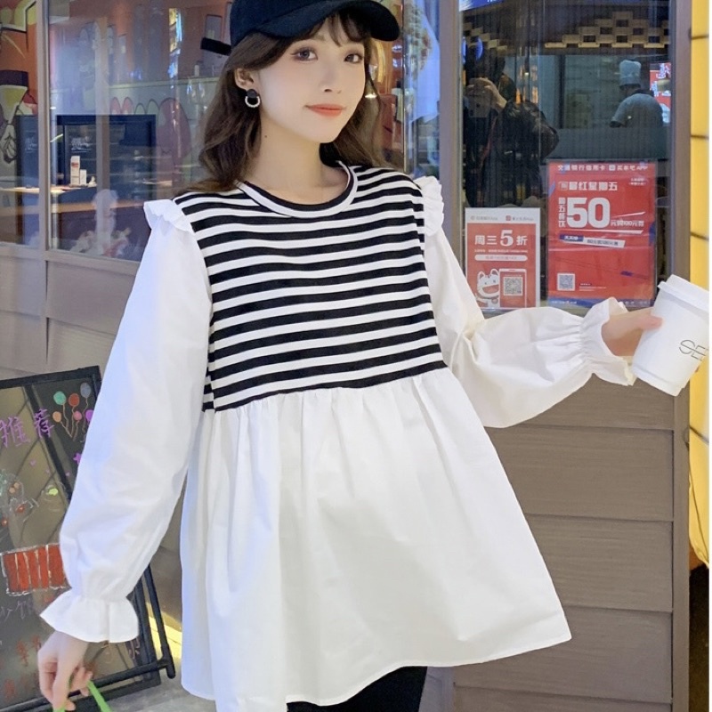 Áo babydoll thiết kế MISS RITA Áo bầu công sở tay dài pha kẻ ngang thiết kế bởi MISS RITA