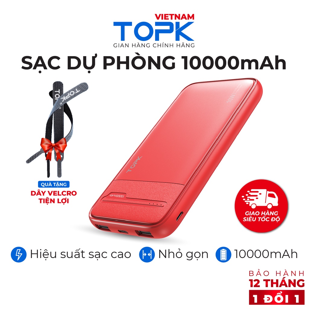 Sạc dự phòng 10000mAh TOPK I1016 Đầu ra 2 cổng USB - Hàng phân phối chính hãng Bảo hành 12 tháng 1 đổi 1