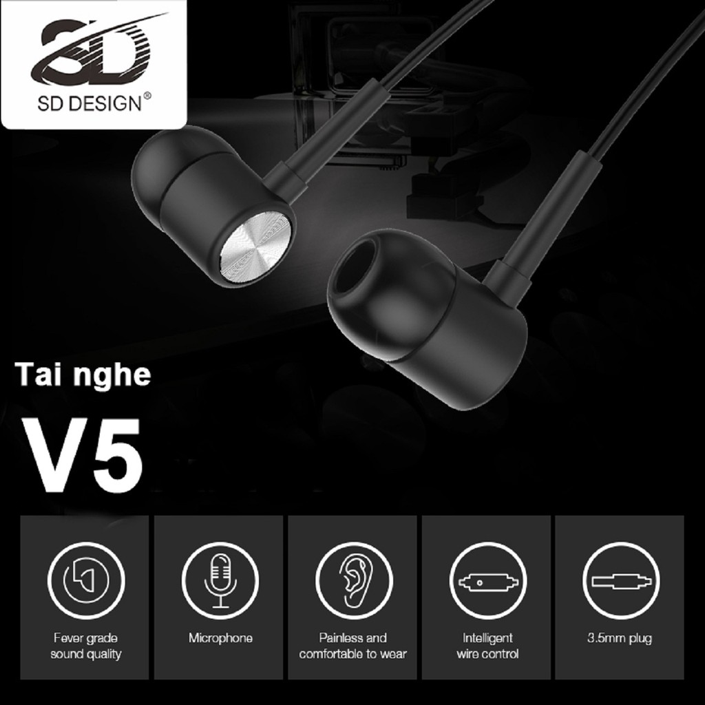 Tai Nghe Nhét Tai SD Design V5 Super Bass tương thích các dòng điện thoại jack 3.5mm, có mic bảo hành Chính Hãng 1 đổi 1