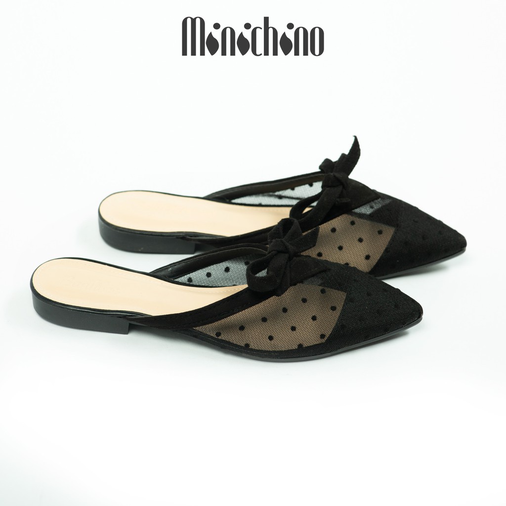 Giày sục nữ MINICHINO mũi nhọn hở gót, chất ren thời trang màu đen TC042 | BigBuy360 - bigbuy360.vn