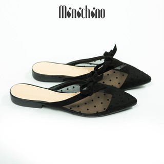 Giày sục nữ MINICHINO mũi nhọn hở gót, chất ren thời trang màu đen TC042