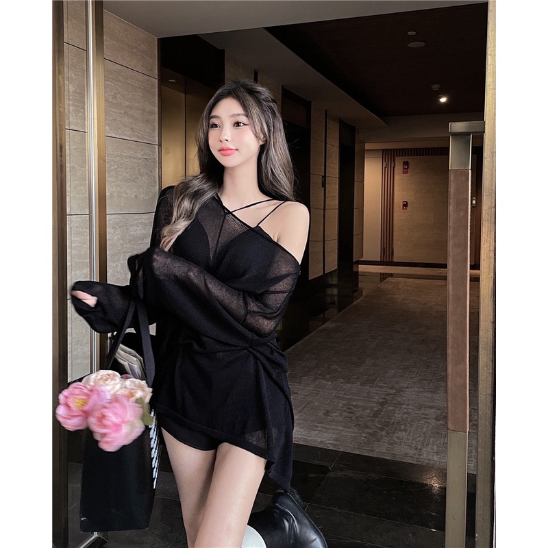 Áo Dệt Kim Mỏng Tay Dài Xẻ Tà Màu Đen Phong Cách Hàn Quốc Thời Trang Cho Nữ