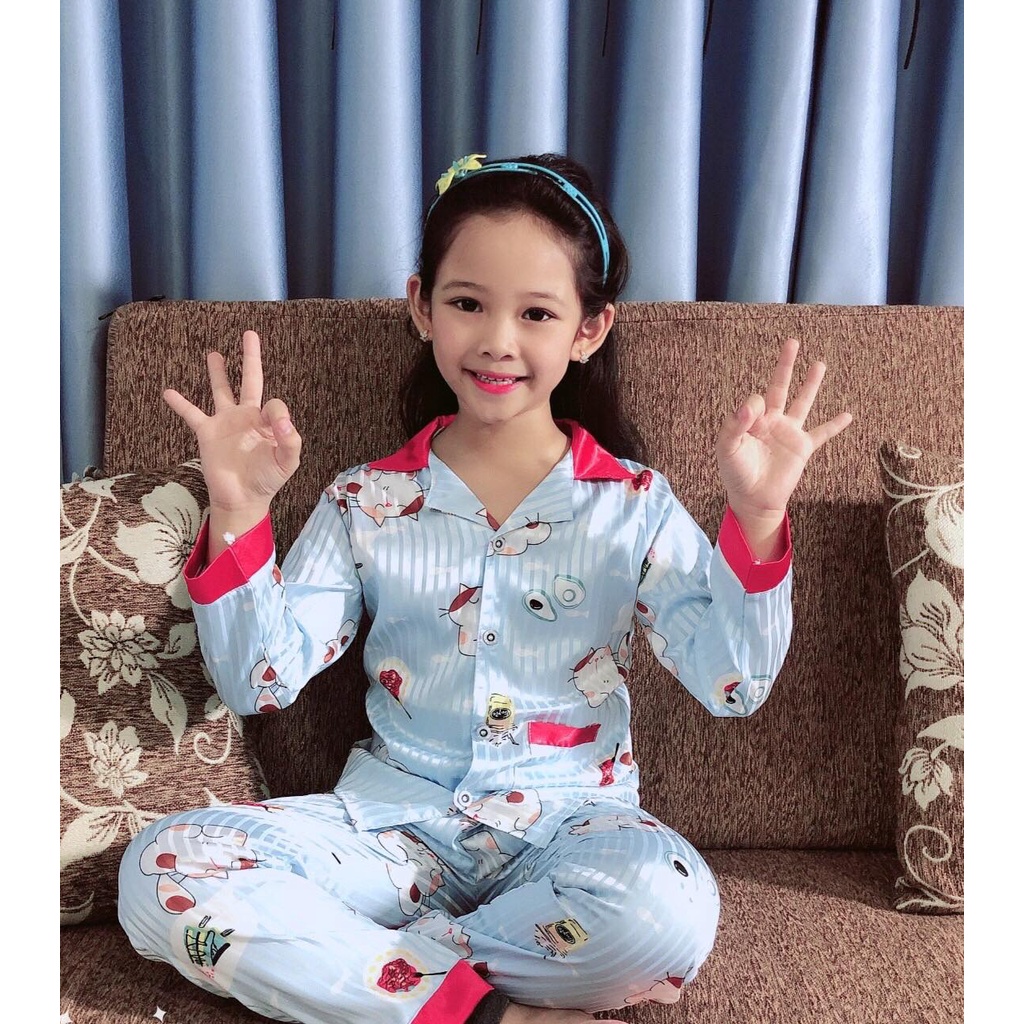 Quần Áo Trẻ Em , Bộ Đồ Ngủ Pijama Dài Tay Với Chất Lụa Gấm Cao Cấp Mềm Mại Không Nhắn Cho Bé Gái Size Từ 15-45kg .