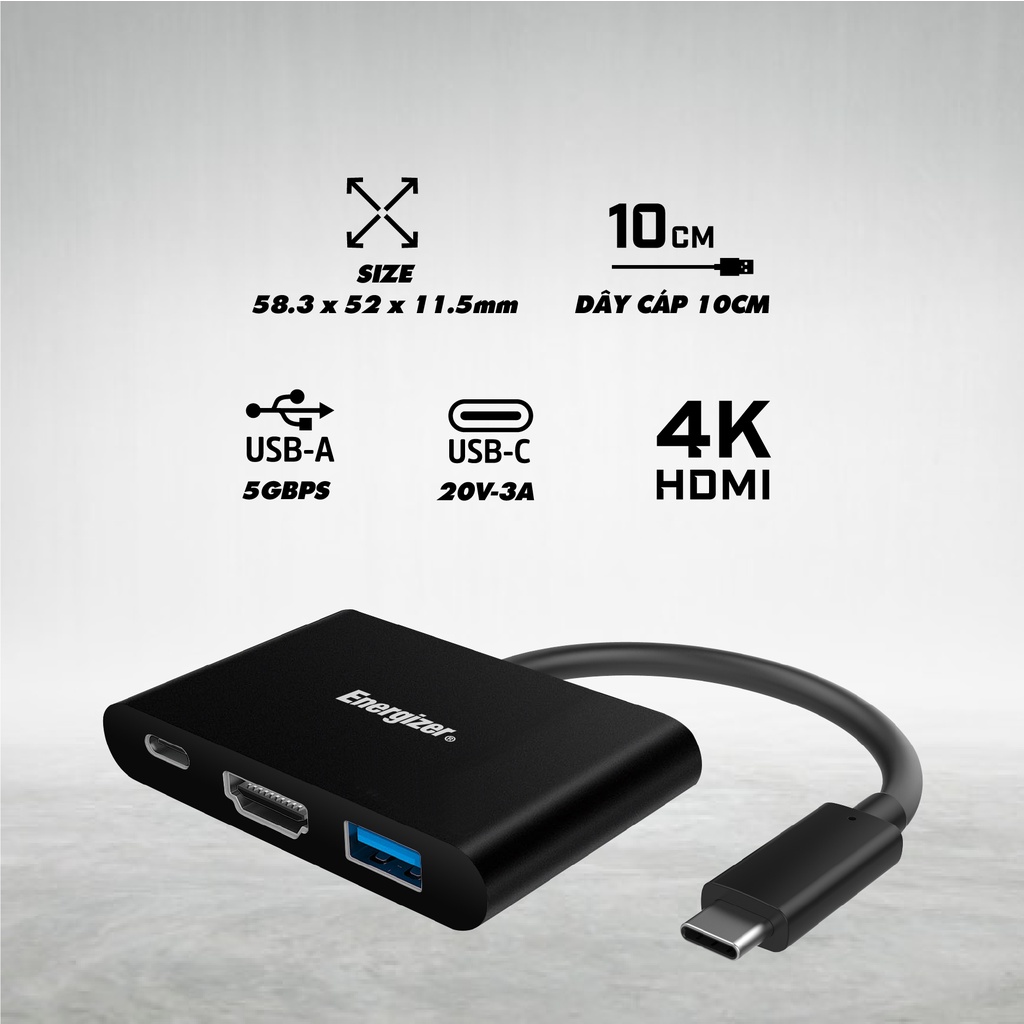 Bộ Chuyển USB-C3.1 Hub Energizer USBA/USB-C/HDMI - HC303CV