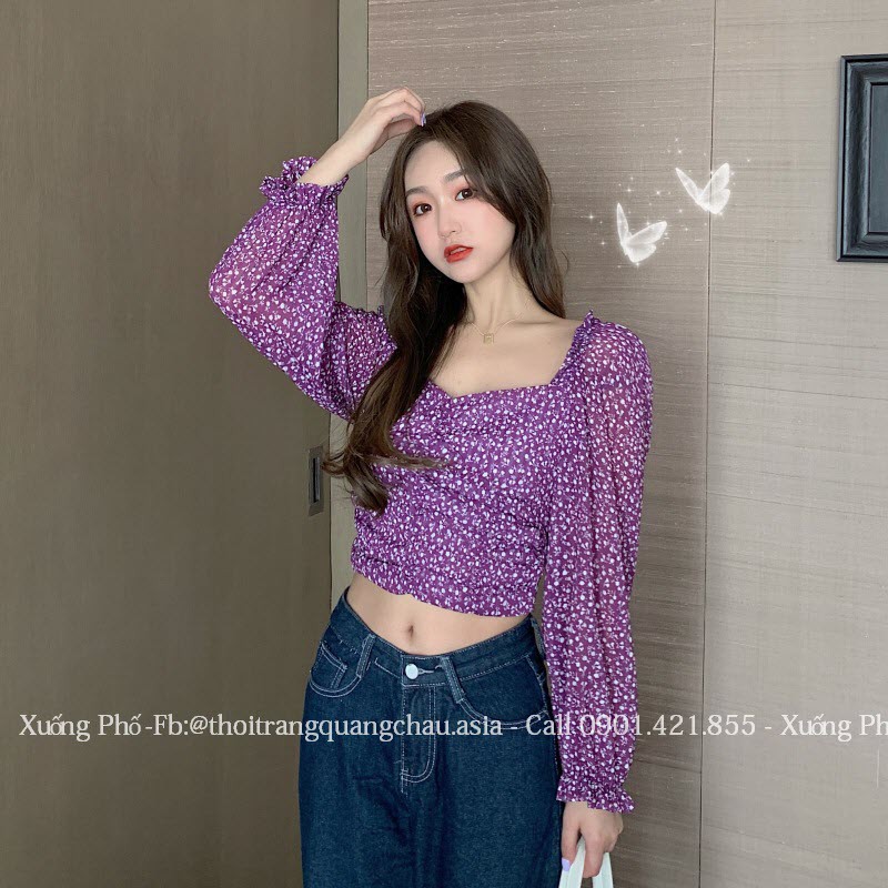 Áo kiểu nữ voan hoa nhí màu tím retro nhẹ nhàng cổ vuông vai bồng gợi cảm #QC53