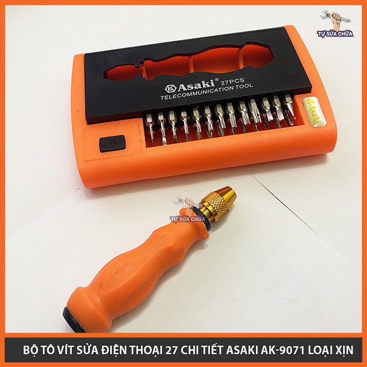 Bộ tô vít sửa điện thoại 27 chi tiết chính hãng Asaki AK-9071, đầy đủ các mũi vít, mở được tất cả các loại ốc vít