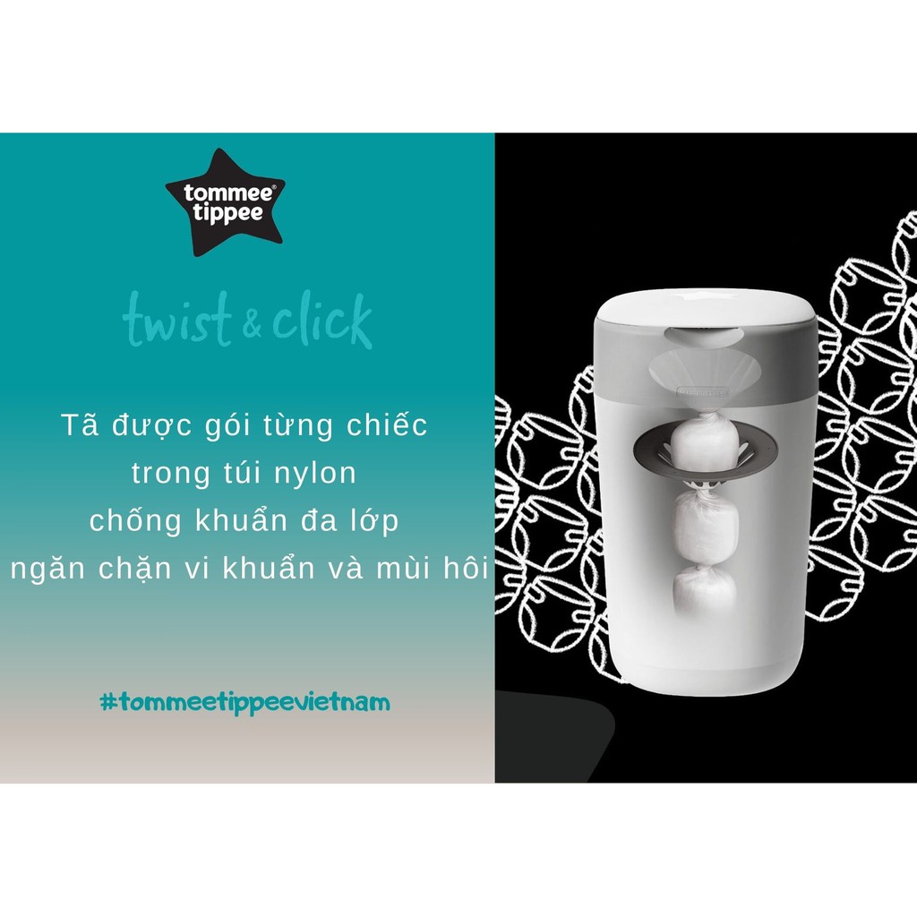 [Mã FMCGM100 - 10% đơn 500K] Thùng xử lý tã cho bé Tommee Tippee Twist &amp; Click - Trắng