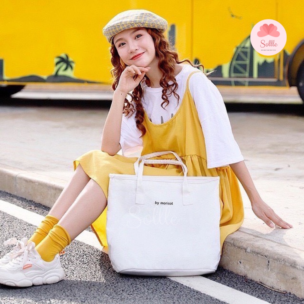 Túi tote đeo vai vải canvas ulzzang có khóa kéo, ngăn phụ in chữ BM Hàn Quốc Sollle
