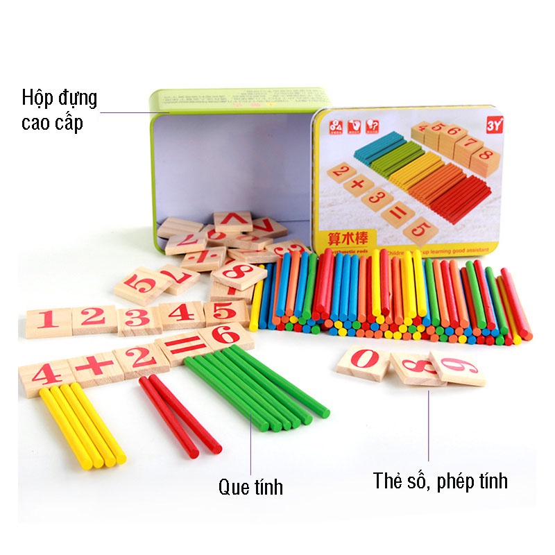 Bộ que tính học toán bằng gỗ có hộp đựng cao cấp - bảng tính que học toán cho bé