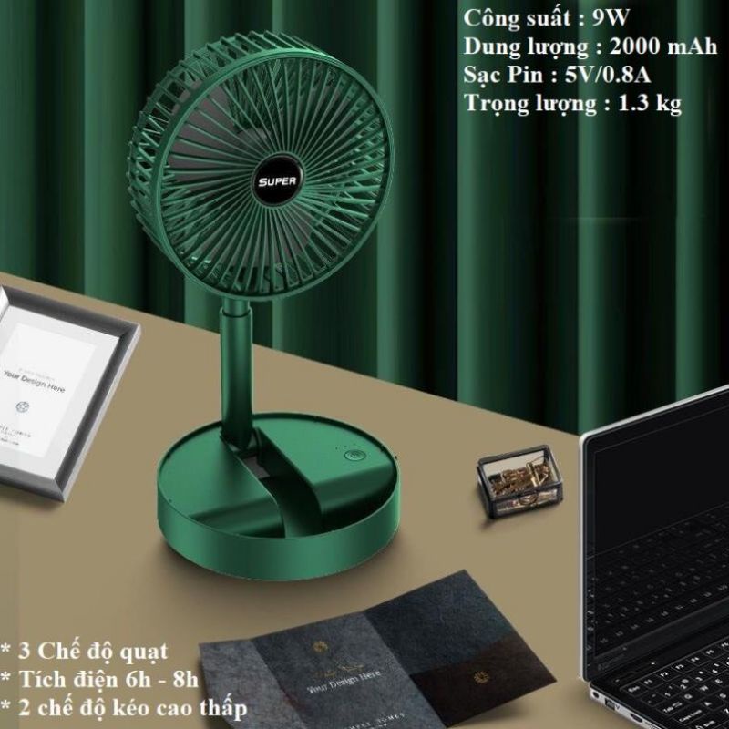 (Giá Sỉ) Quạt tích điện Super để bàn 3 chế độ, gấp gọn và pin trâu chính hãng