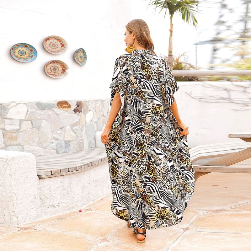 Đầm Dài Kaftan Dáng Rộng Cài Nút Họa Tiết Da Ngựa Vằn / Ngựa Vằn Phong Cách Boho Đi Biển Cho Nữ