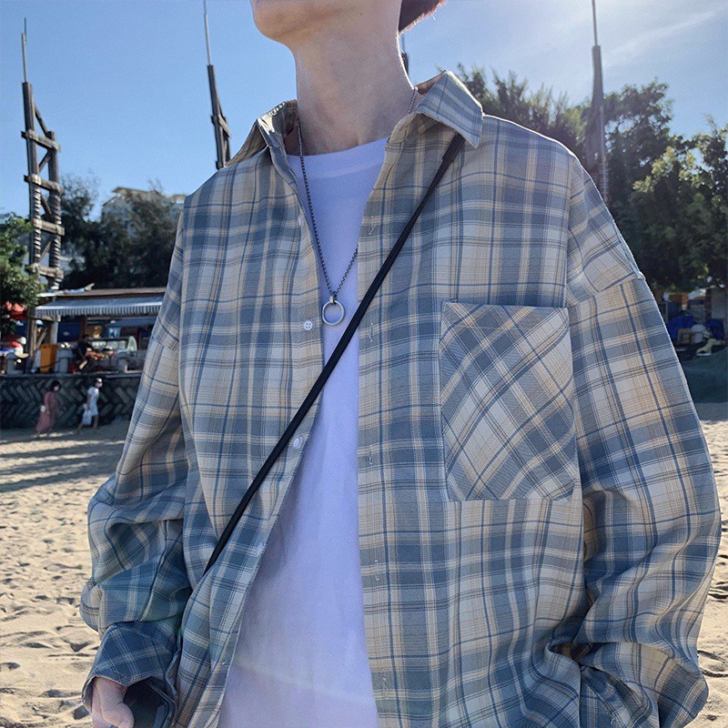 Áo khoác sơ mi tay dài kẻ sọc kiểu Hàn Quốc cá tính cho nam