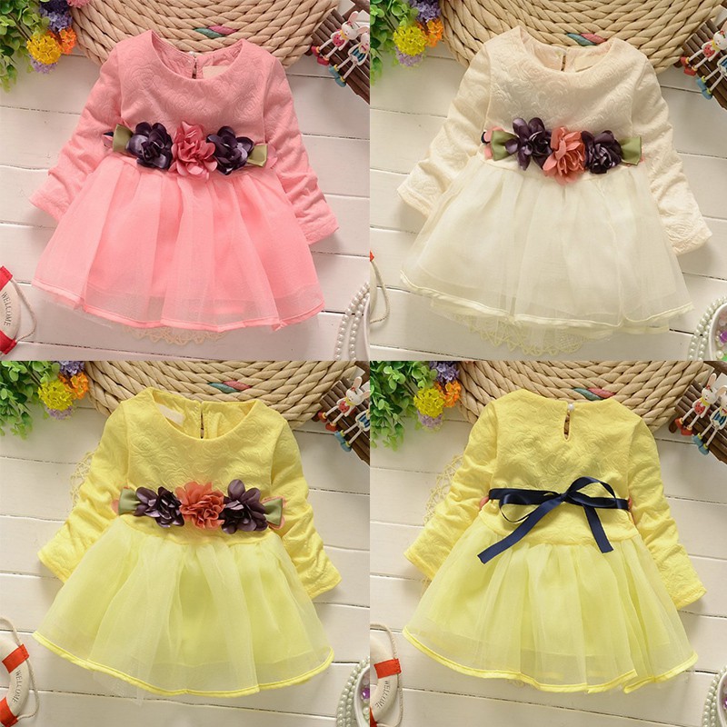 Đầm nữ tay dài đính hoa váy xòe đáng yêu dành cho bé
