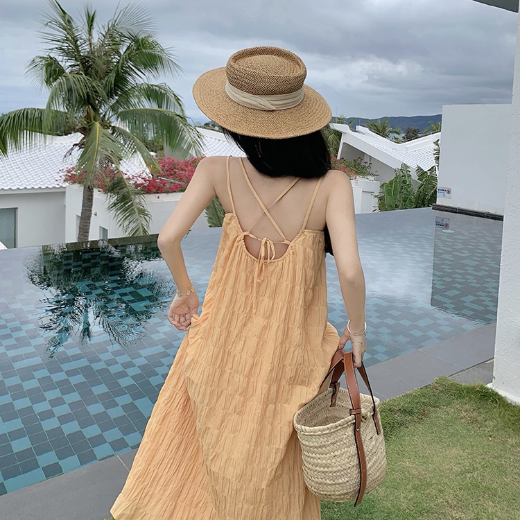 [Augustcloth] Đầm/ Váy đi biển xếp ly nhỏ 2 dây hở lưng phong cách Hàn Quốc