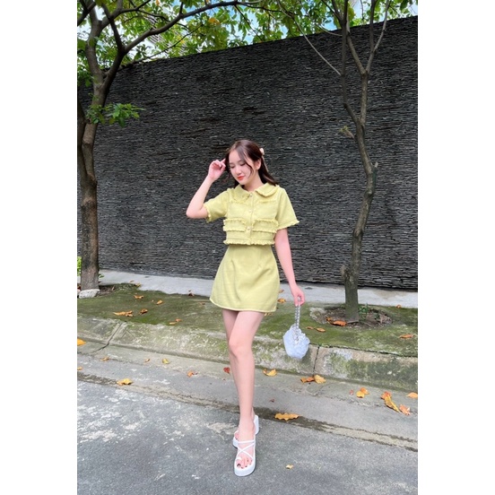 SET ÁO CROPTOP DẠ CỔ SEN TƯA LAI + CHÂN VÁY CÓ LÓT QUẦN